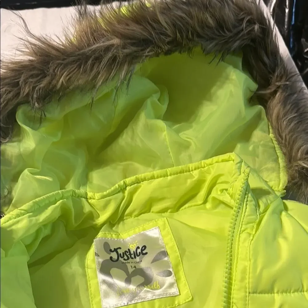 Justice Lime‎ Green Puffer Vest with Faux Fur Hood Girl Sz 14